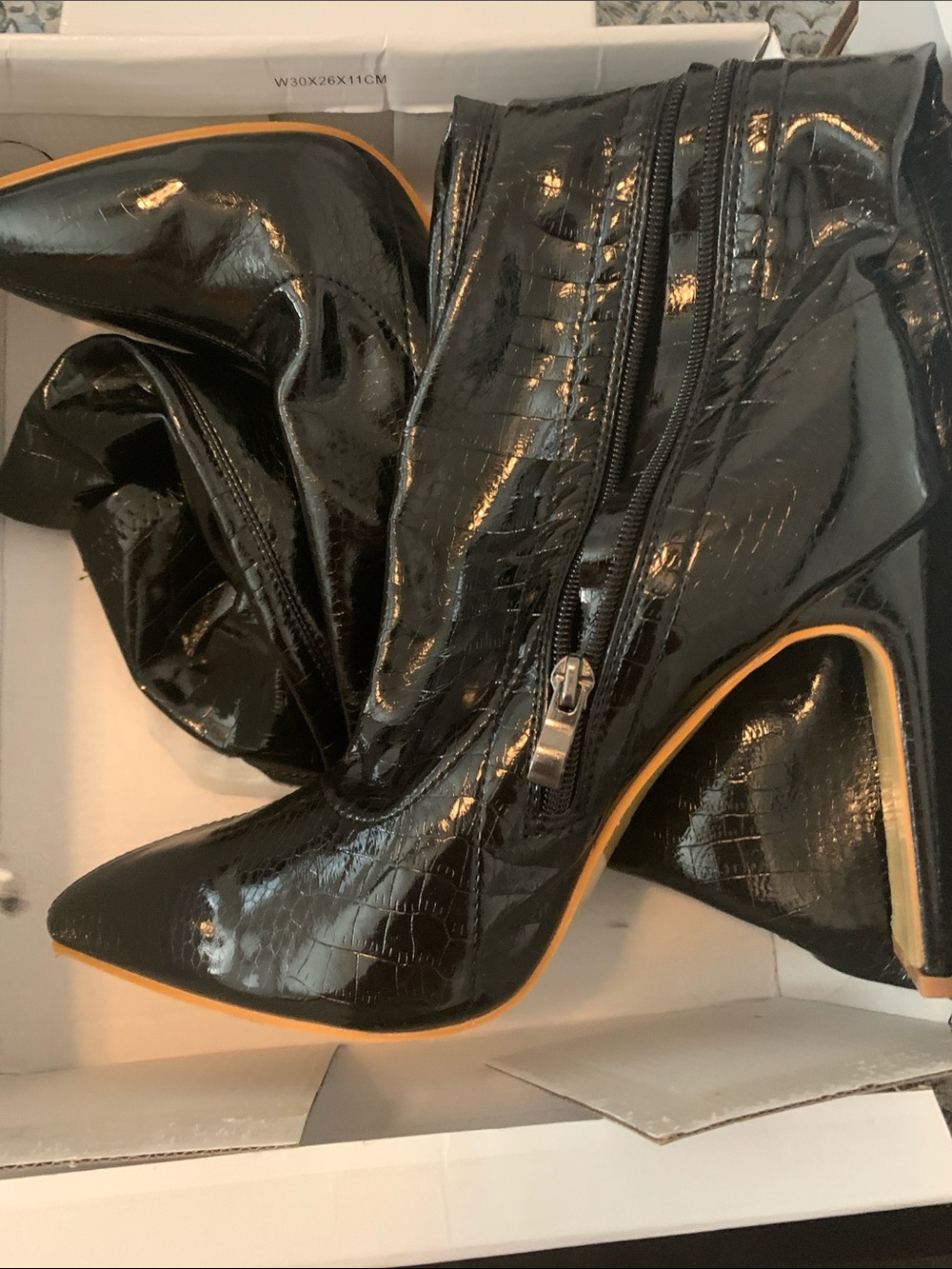 Patent Croc-Embossed Black Stiletto Knee-High Boots - Women